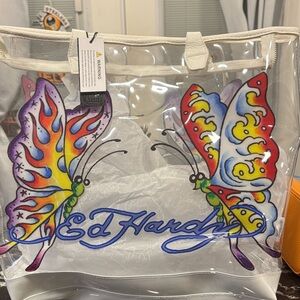Ed Hardy Clear Tote with Vibrant Butterfly Art
